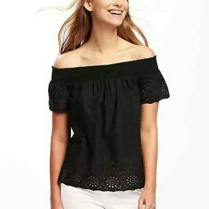 Old Navy Black Off Shoulder Embroidered Blouse